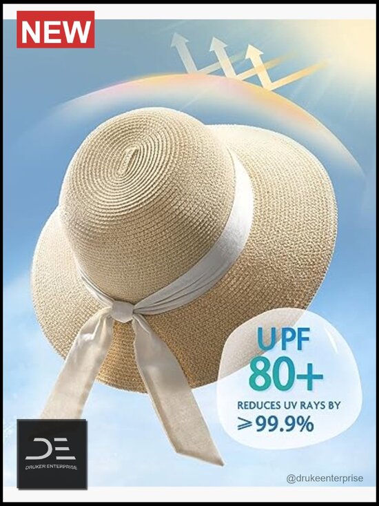 Womens Sun Hat UV UPF 80+ Summer Beach Straw Travel Foldable Adjustable main image 6